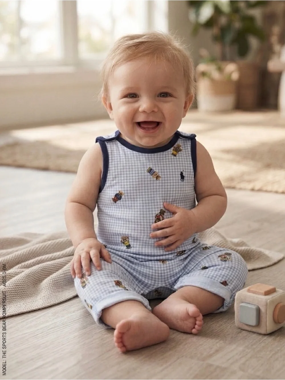 Ralph Lauren Boys 6 month Light Blue Gingham Bear & Toy Print Infant Romper